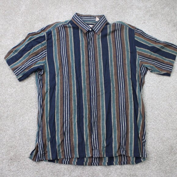 VTG Oscar De La Renta Shirt Mens Large Blue/Green Cotton/Linen/Ramie S/S Button - Picture 2 of 12